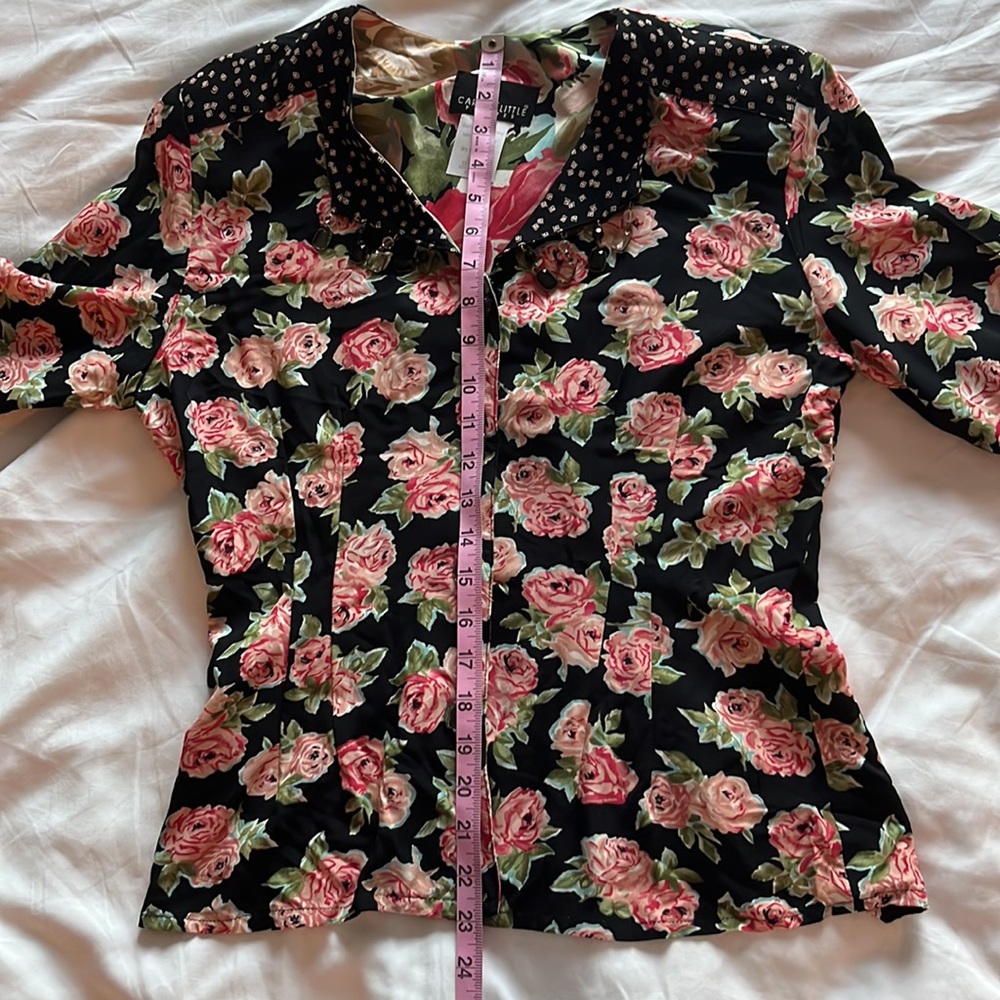 Carole Little Crop Blouse Black Floral Roses Embellished  Long Sleeves  … - Picture 11 of 12